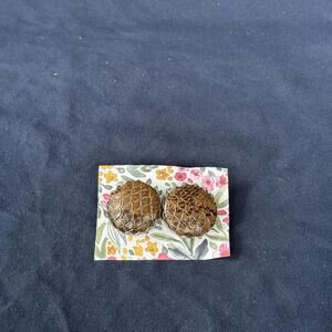 CLIP-ON Vintage Brown‎ Leather Earrings Circular Tortoise